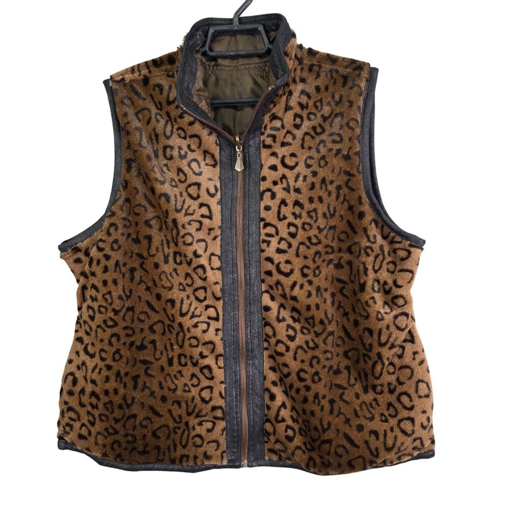 Womens Reversible Leopard Print Faux Fur & Quilted Brown Full Zip Vest Jacket L